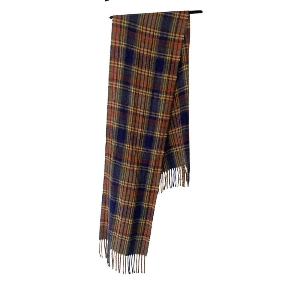 Cashmaire Yellow Blue Plaid Scarf Fringe Made In Italy 66" Long Multi-Color